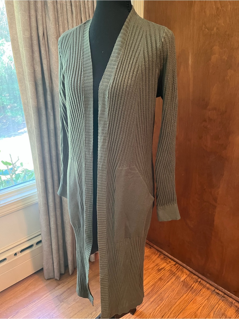 Open-Front Long Ribbed Cardigan Sweater in Olive